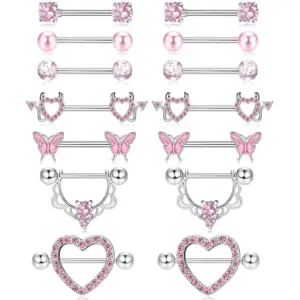 Wholesale 1 Pair 316L Stainless Steel Copper Zircon Nipple Rings & Studs Heart Shape Flower Butterfly Waterproof Non Tarnish Surgical Steel Nipple Rings & Studs