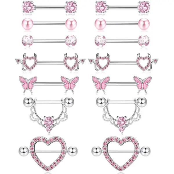 Wholesale 1 Pair 316L Stainless Steel Copper Zircon Nipple Rings & Studs Heart Shape Flower Butterfly Waterproof Non Tarnish Surgical Steel Nipple Rings & Studs