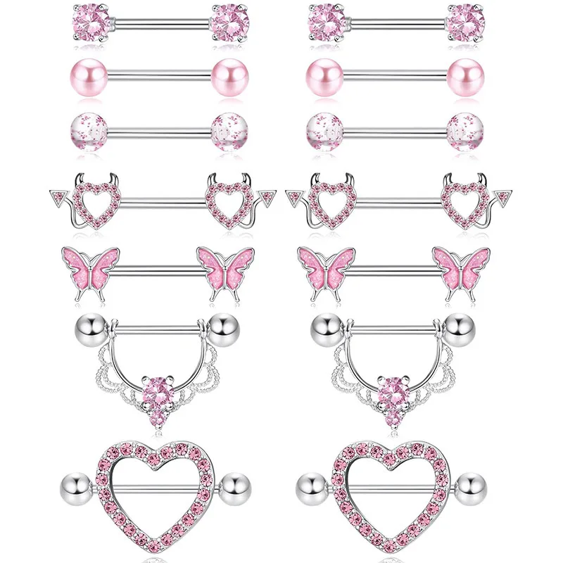 Wholesale 1 Pair 316L Stainless Steel Copper Zircon Nipple Rings & Studs Heart Shape Flower Butterfly Waterproof Non Tarnish Surgical Steel Nipple