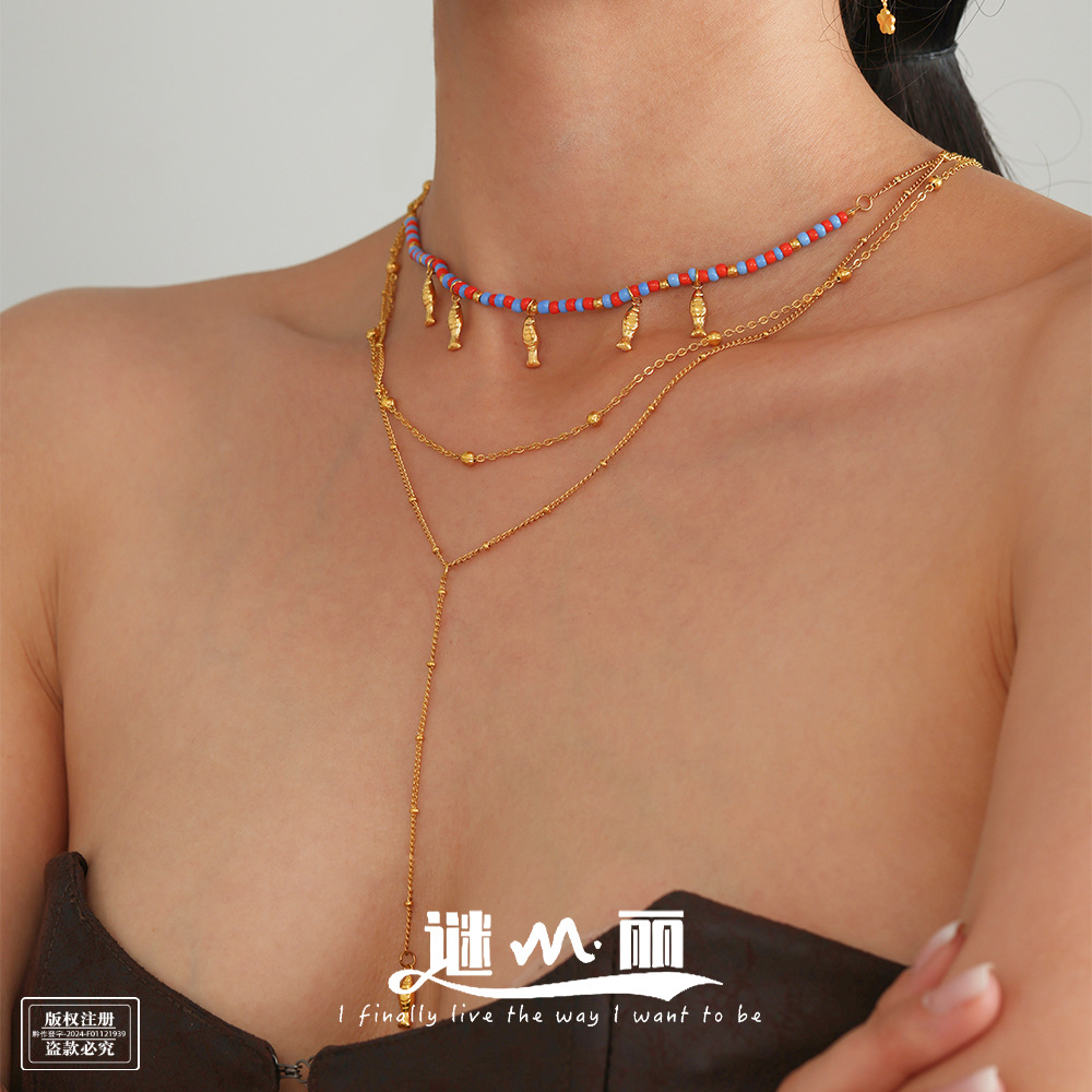 Wholesale Enigma Ocean Series Bohemian Dolphin Pendant Glass Beaded Clavicle Chain Leisure Holiday Aessories