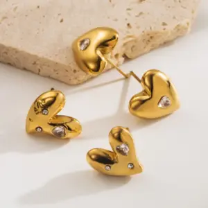 Wholesale 1 Pair Basic Sweet Heart Shape 304 Stainless Steel Zircon 18K Gold Plated Ear Studs