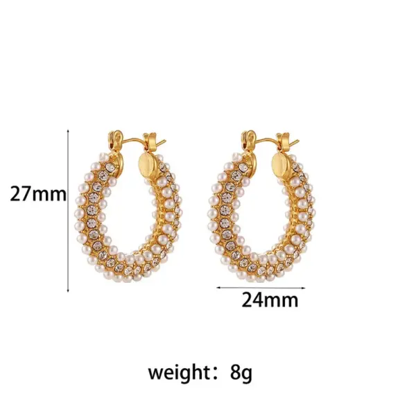 Wholesale 1 Pair Fashion U Shape Plating Inlay 304 Stainless Steel Pearl Zircon 18K Gold Plated PVD Coated Hoop Earrings