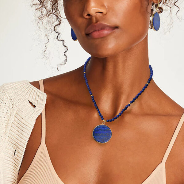 Wholesale Temu Xiyin Hot Selling Lapis Lazuli Beaded Necklace Women's Accessible Luxury High-End Drop-Shaped Pendant Sweater Chain Jewelry