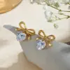 Wholesale 304 Stainless Steel Heart Shape Bow Knot PVD Coated Zircon Real Gold Plated 18K Gold Elegant Sweet Waterproof Non Tarnish Inlay Ear Studs