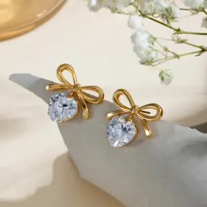 Wholesale 304 Stainless Steel Heart Shape Bow Knot PVD Coated Zircon Real Gold Plated 18K Gold Elegant Sweet Waterproof Non Tarnish Inlay Ear Studs