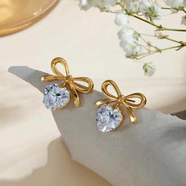 Wholesale 304 Stainless Steel Heart Shape Bow Knot PVD Coated Zircon Real Gold Plated 18K Gold Elegant Sweet Waterproof Non Tarnish Inlay Ear Studs