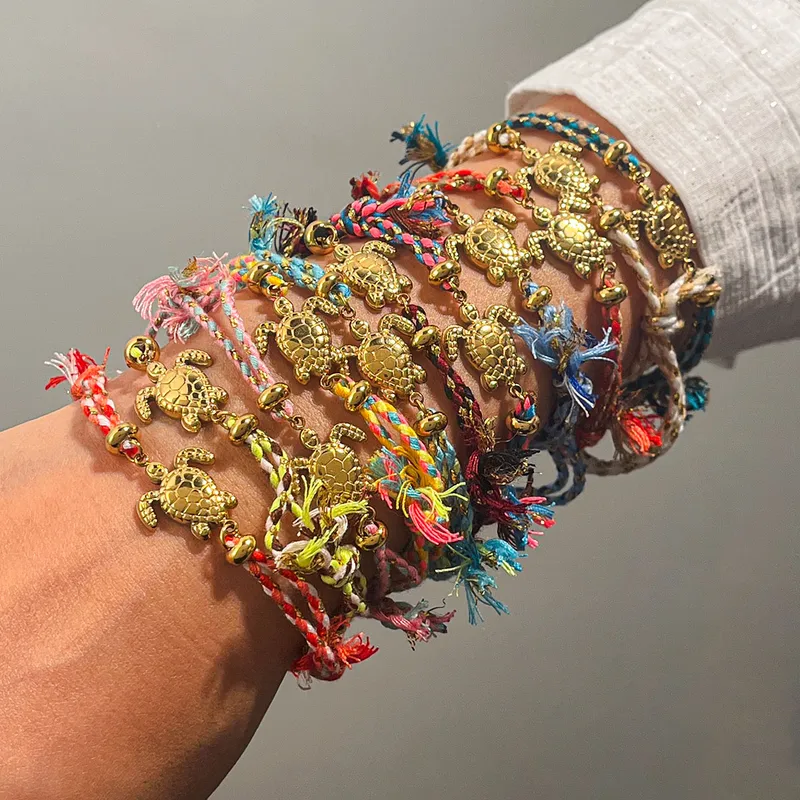 Sweet Cute Stainless Steel 18K Gold Turtle Pendant Colorful Handmade Woven Rope Bracelet Jewelry Simple Style Versatile Ocns