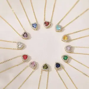 Wholesale Jewelry Elegant Luxurious Shiny Red Heart Copper Birthstone 18K Gold Plated Plating Inlay Cable Chain Pendant Necklace Necklace