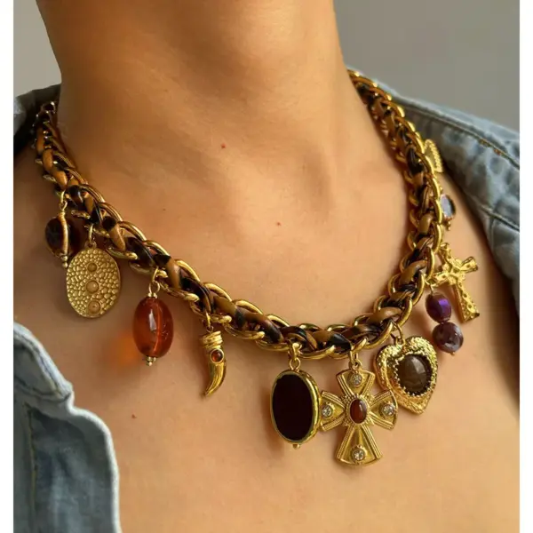 1 Piece Handmade Spliced Chain Stainless Steel Cross Heart Ceramic Multi Pendant 18K Gold Waterproof Color Retention Women's High-end Necklace