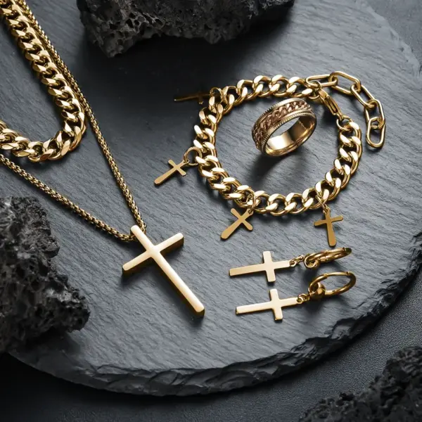 Wholesale Jewelry Original Design Cross Titanium Steel Plating Jewelry Set Cuban Link Chain Curb Chain