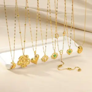 Wholesale 304 Stainless Steel Moon Heart Shape Flower PVD Coated Stone-Free Real Gold Plated IG Style Classic Style Waterproof Non Tarnish Plating Coffee Bean Chain Lobster Trigger Clasp Closure Pendant Necklace