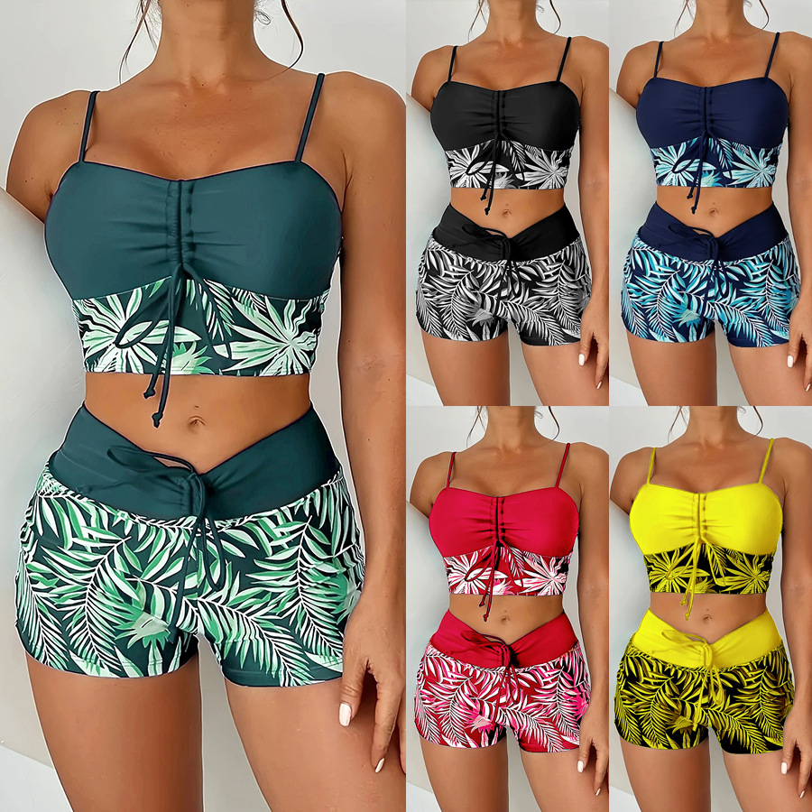 Wholesale 2024 European and American Foreign Trade Swimsuit Women's Split High Waist Boxer Lace- Printed Solid Color ing Printed plus size Swimsuit