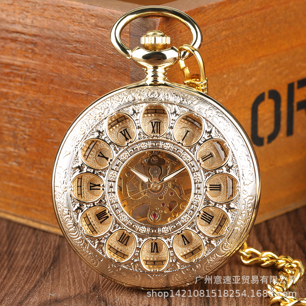 Wholesale Fashionable Golden Roman Lettering Hollow Petals Retro Mechanical cket Watch Wholesale Hot Selling Casual Gift cket Watch for Men and Women