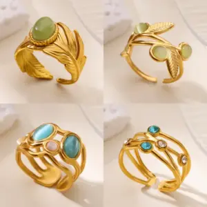 Wholesale Retro Exaggerated Turquoise Cat's Eye Stone Stainless Steel Ring Women's Open Finger Jewelry High-End Geometric Pattern Design