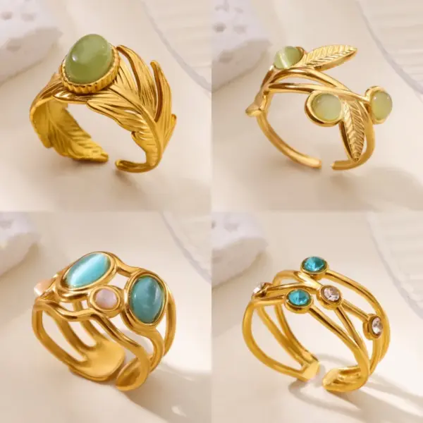 Wholesale Retro Exaggerated Turquoise Cat's Eye Stone Stainless Steel Ring Women's Open Finger Jewelry High-End Geometric Pattern Design