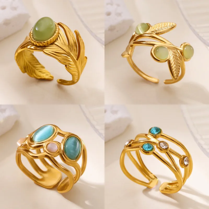 Wholesale Retro Exaggerated Turquoise Cat's Eye Stone Stainless Steel Ring Women's Open Finger Jewelry High-End Geometric Pattern Design