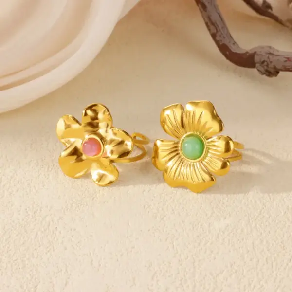 Wholesale Romantic Flower Moon Butterfly Shark Pattern Open Ring 18K Gold Plated Luxury Zircon Imitation Jade Women's Jewelry Banquet Party Wedding Jewelry Stainless Steel