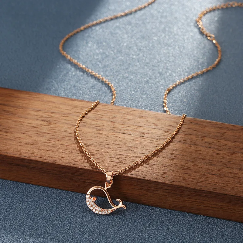 Wholesale Copper 18K Gold Plated Cute Plating Hollow Out Inlay Whale Zircon Pendant Necklace