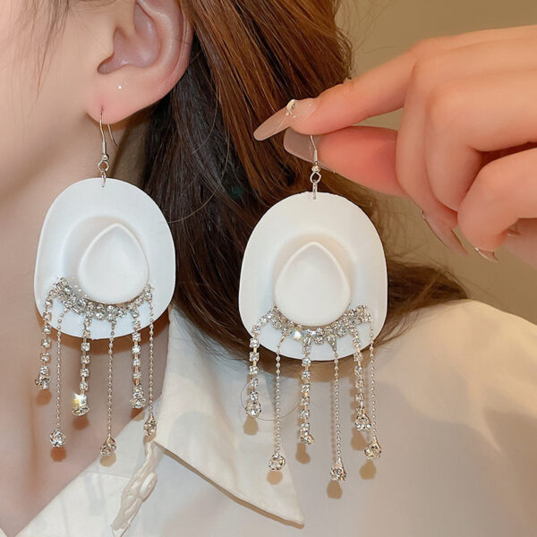 Wholesale European and American Exaggerated Accessible Luxury Style Street Style Unique Rhinestone Earrings Creative Hip-Hop Cowboy Hat Diamond Tassel Ear Hook Earrings