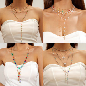 Wholesale Colorful crystal metal clavicle necklace with Y-shaped chain layering