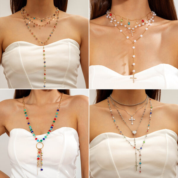 Wholesale Colorful crystal metal clavicle necklace with Y-shaped chain layering