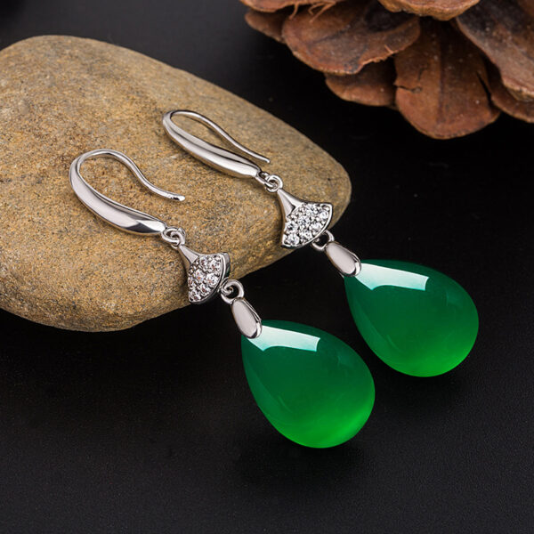 Wholesale Ethnic-style Drop-shaped Green Agate Earrings Women's Micro-Diamond Long Green Chalcedony Ear Hook Earrings for Mother Jewelry