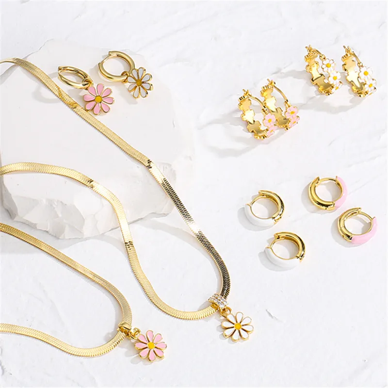 Wholesale Women's Cute Fashion Flower Copper Artificial Gemstones Earrings Necklace