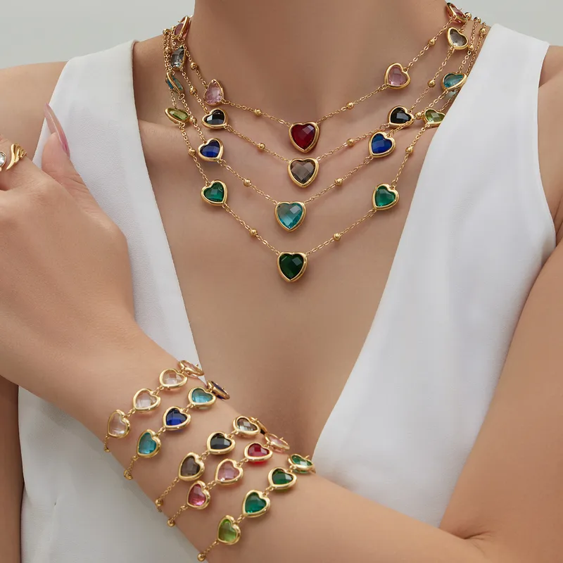 Wholesale 304 Stainless Steel Heart Glass Stone Zircon Earrings Heart Multicolor Vacuum Plating Chain Necklace Bracelet