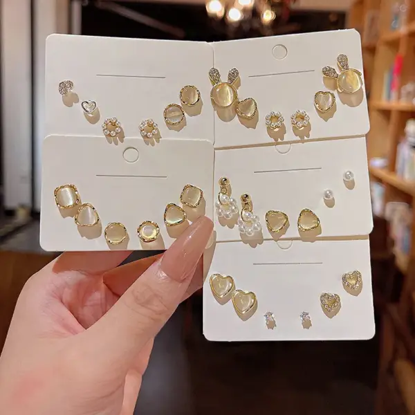 Fashion Geometric Heart Shape Bow Knot Copper Inlay Artificial Pearls Rhinestones Opal Earrings 1 Pair