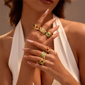 Wholesale Cross-Border Hot-Selling French Palace Style Multi-Precious Stone Open Ring Retro Medieval Niche Design Stainless Steel Does Not Fade