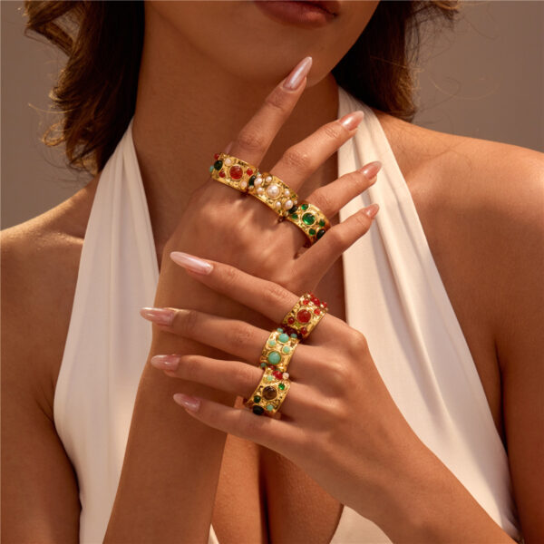 Wholesale Cross-Border Hot-Selling French Palace Style Multi-Precious Stone Open Ring Retro Medieval Niche Design Stainless Steel Does Not Fade