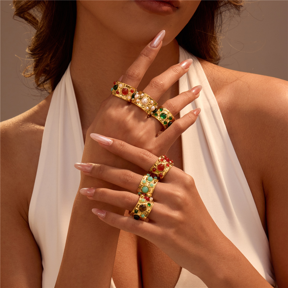 Wholesale Cross-Border Hot-Selling French Palace Style Multi-Precious Stone Open Ring Retro Medieval Niche Design Stainless Steel Does Not Fade