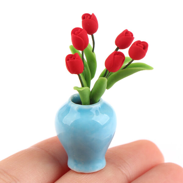 Wholesale 1:12 doll house DOLLHOUSE mini model handmade ob11 plant blue porcelain bottle tulip flower arrangement potted plant