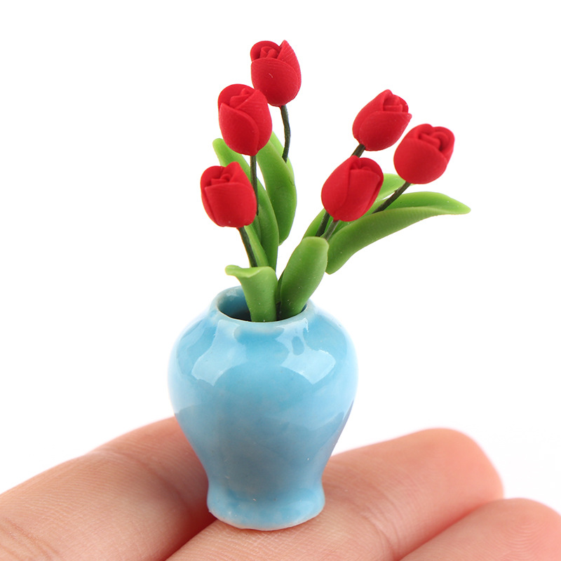 Wholesale 1:12 doll house DOLLHOUSE mini model handmade ob11 plant blue rcelain bottle tulip flower arrangement tted plant