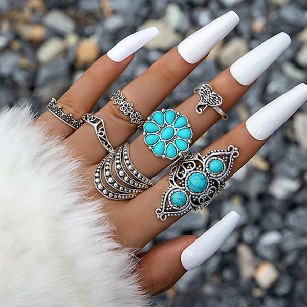 Wholesale Jewelry Retro Ethnic Style Turquoise Elephant Geometric Graphic 7-piece Silver Ring Set