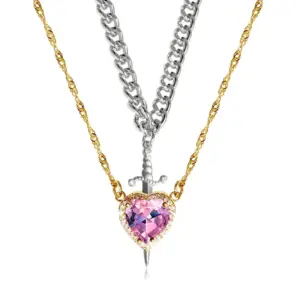 Gold Pink Love Heart/Silver Dagger