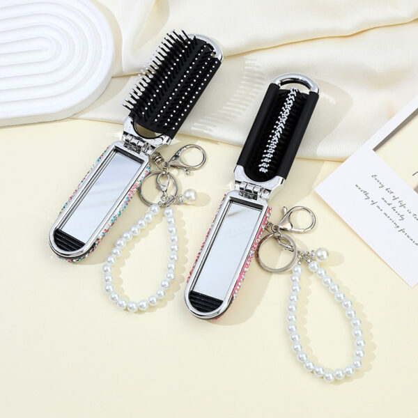 Wholesale Cross-border Diamond Folding Travel Portable Small Comb Portable Airbag Massage Comb Extracting Cosmetic Mirror Two-in-One Comb
