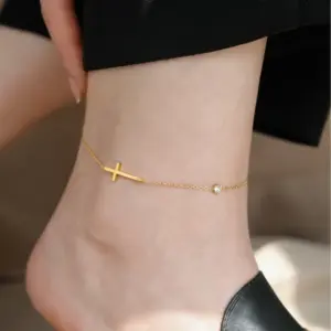 J05049-Single Diamond Cross-Anklet- Gold
