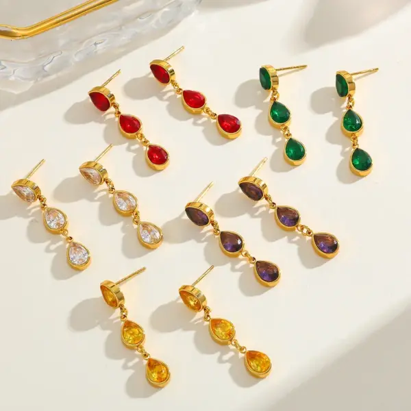 Wholesale 18K Gold Plated Stainless Steel Zirconia Tear Drop Multi-Pendent Earrings Elegant Casual Fashion Jewelry For Women