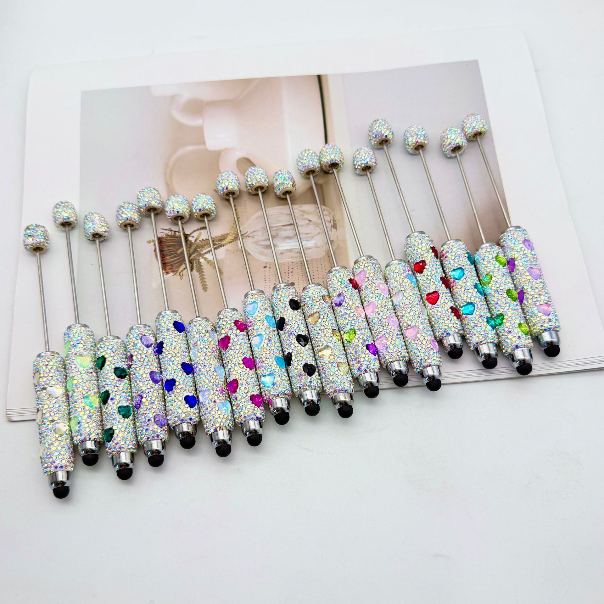 Wholesale DIY Colorful Full Diamond Touch Screen Pen Handmade Sticker Diamond Mocha Love Diamond Beaded Ballint Pen Colorful Diamond Gift Pen
