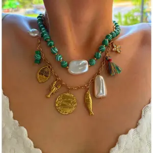 Wholesale 304 Stainless Steel Geometric PVD Coated Imitation Pearl Natural Stone Rhinestones Real Gold Plated IG Style Elegant Retro Waterproof Non Tarnish Surgical Steel Cross Chain Handmade String Beads Chain Lobster Trigger Clasp Closure Green Gold Multi Charms Necklace