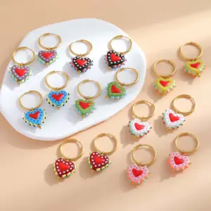 Wholesale 1 Pair Casual Cute Sweet Heart Shape Enamel Plating 304 Stainless Steel 18K Gold Plated Charm Sleeper Hoop Earrings