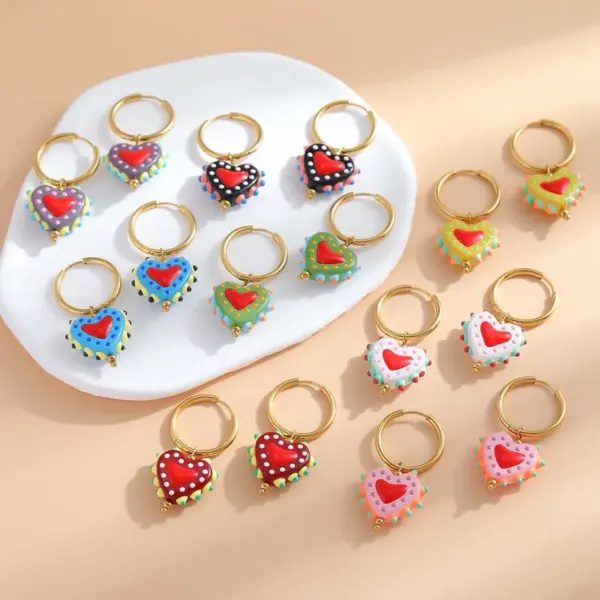 Wholesale 1 Pair Casual Cute Sweet Heart Shape Enamel Plating 304 Stainless Steel 18K Gold Plated Charm Sleeper Hoop Earrings