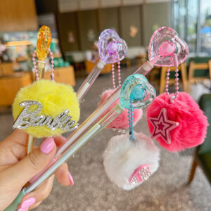 Wholesale Diamond-encrusted Barbie Girl Cartoon Fur Ball Hand Account Pen Student Creative Ballpoint Pen Cute Stationery Fluffy Pen Korean
