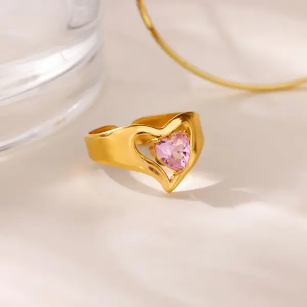 18K Gold Plated 304 Stainless Steel Vacuum Electroplating (In Furnace) Zircon Heart-shaped Flower Medical Steel Hypoallergenic Open Ring Beautiful Ring Valentine's Day Gift Jewelry