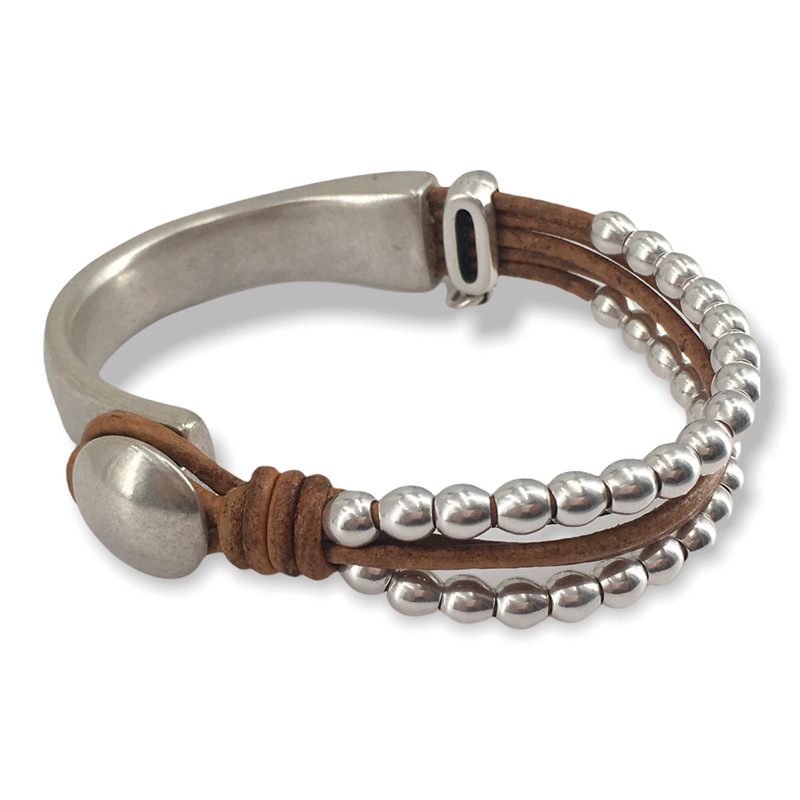 Wholesale Bohemian Style Double Layer Splicing Bracelet Leather Rope Bracelet Normcore Beaded Leather Pu Bracelet Splicing Bracelet