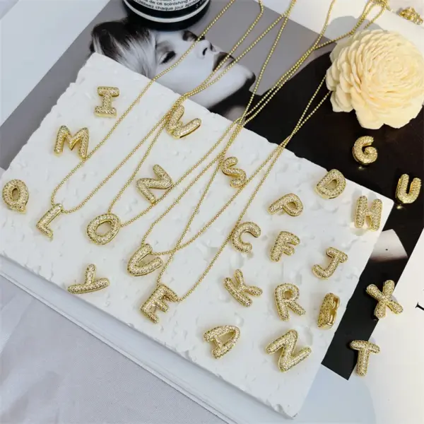 Copper 18K Gold Plated Inlay Letter Zircon Pendant Necklace