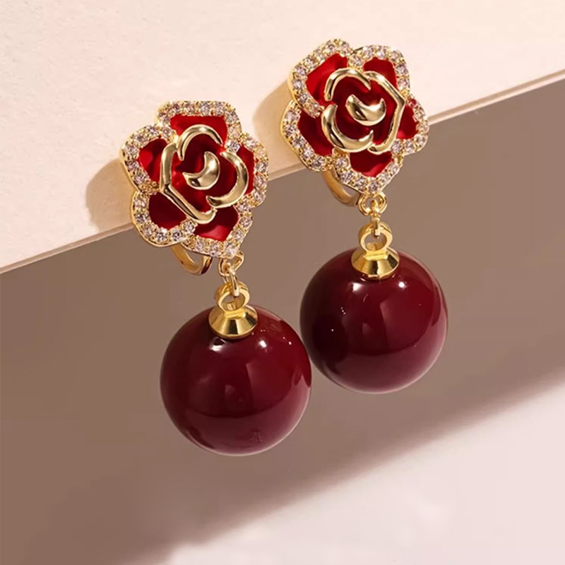 Wholesale Red Rose Pearl Earrings Women's Light Luxury High-end Autumn and Winter Elegant Sier Long Earrings New Year Earrings