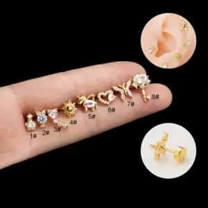 1 Piece Copper Zircon Ear Cartilage Rings & Studs Heart Shape Owl Butterfly Waterproof Non Tarnish Surgical Steel