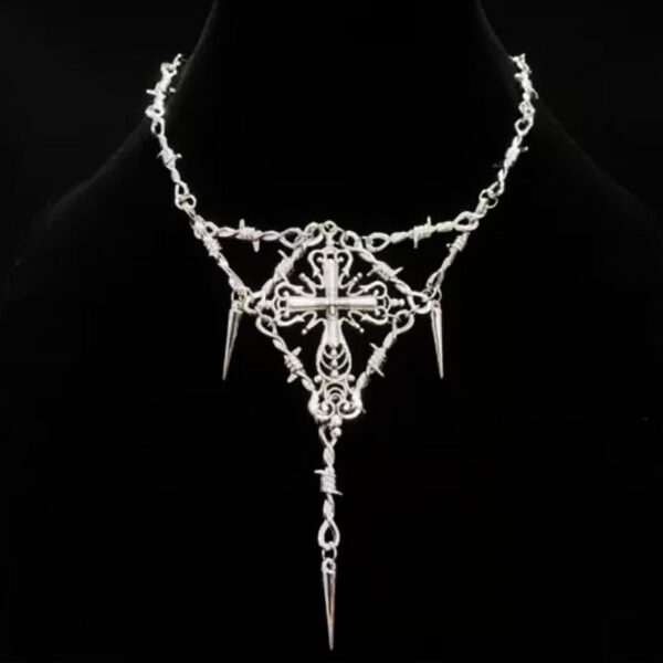 oly-3a71fd13388de429b7650fc996c691e2 Wholesale Bohemian style zinc alloy cross pendant necklace, gothic bramble metal with barbed wire chain necklace
